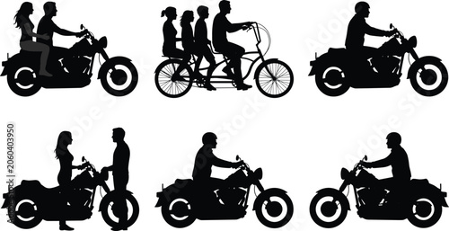 Quadro su tela Silhouette collection of family riding long tandem bicycle and person on classic