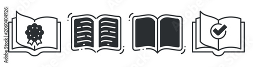 Book icons showing certification and reading on white background. Editable stroke