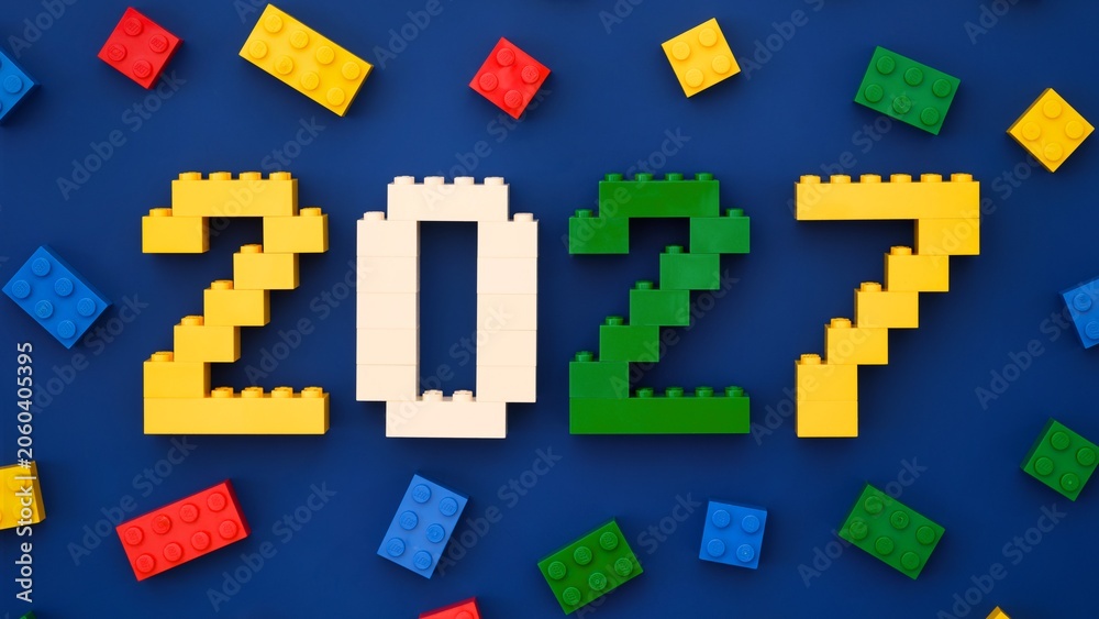 Naklejka premium Tambov, Russian Federation - October 13, 2024 Lego numbers 2027 with some Lego bricks on a blue background.