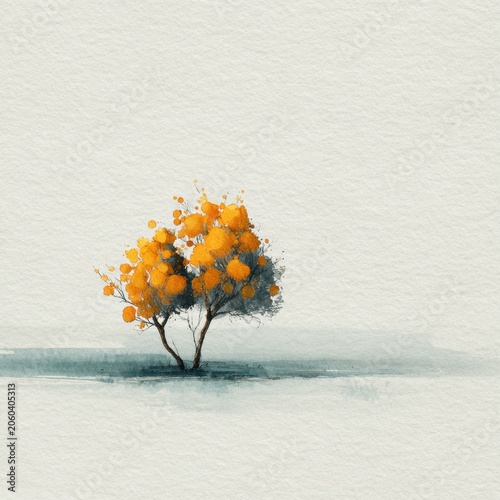 Minimalistic watercolor painting of a small tree with vibrant orange foliage casting a soft shadow on a textured off-white background in serene composition