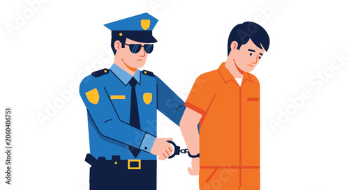 Fotografia Police officer arresting suspect in flat vector illustration depicting law enfor
