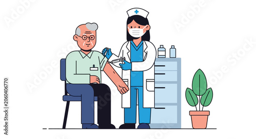 Canvastavla Vector illustration of a doctor vaccinating a senior man featuring a flat silhou