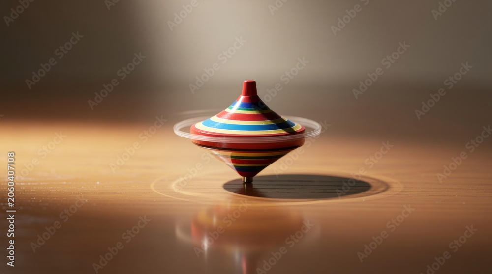 Fototapeta premium Colorful Striped Spinning Top in Motion on Wooden Surface