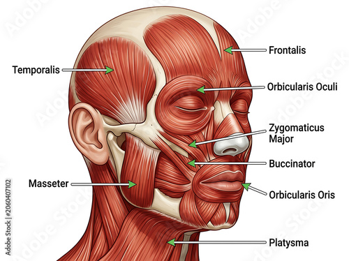Anatomical illustration of human facial muscles with labels anatomy face