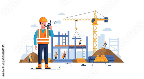 Bilde på lerret Construction worker communicating on radio at building site vector illustration