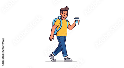 Obraz na plátne A young man with backpack and coffee cup walking colorful vector illustration si