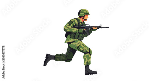 Slika na platnu Soldier in combat gear running with rifle flat vector illustration military silh