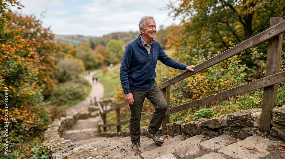 Naklejka premium Active senior man smiling while climbing up stone stairs in an autumn park