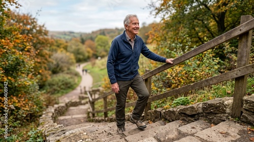 Active senior man smiling while climbing up stone stairs in an autumn park