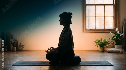 Serene woman meditating in a dimly lit room, embracing inner peace and mindfulness