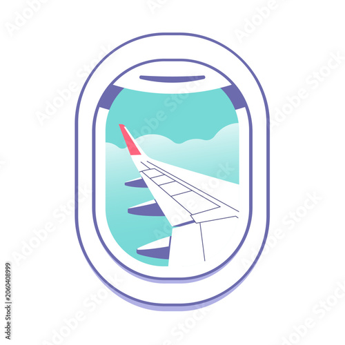 View through the porthole of aircraft. Travel, journey concept. Perfect background on the theme of season vacation, weekend. Vector illustration in minimalistic style.