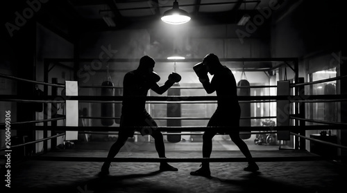 Two boxers silhouetted in a boxing ring, ready to spar, dramatic lighting, intense atmosphere