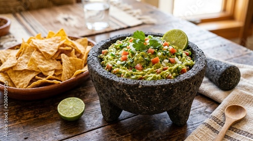 Freshly made guacamole served in a traditional stone molcajete with tortilla chips