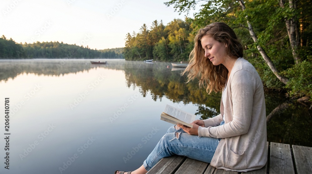 Fototapeta premium Young woman reading a book on a wooden dock by a serene lake at sunrise