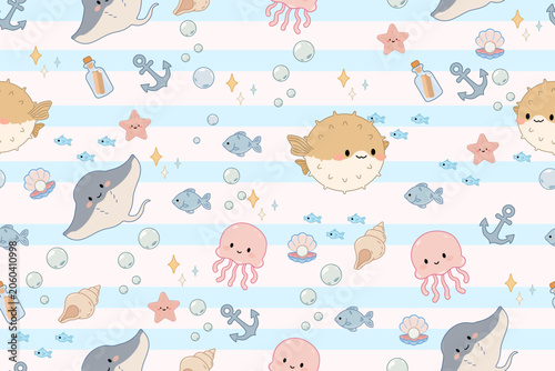 Adorable kawaii seamless pattern featuring cute jellyfish, pufferfish, stingrays, starfish, fish, shells, anchors, bubbles and message bottles on soft blue and pink striped background. Pastel colors