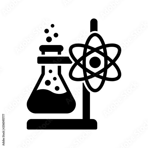Schilderij op canvas Scientific laboratory experiment icon with chemical flask and atomic symbol