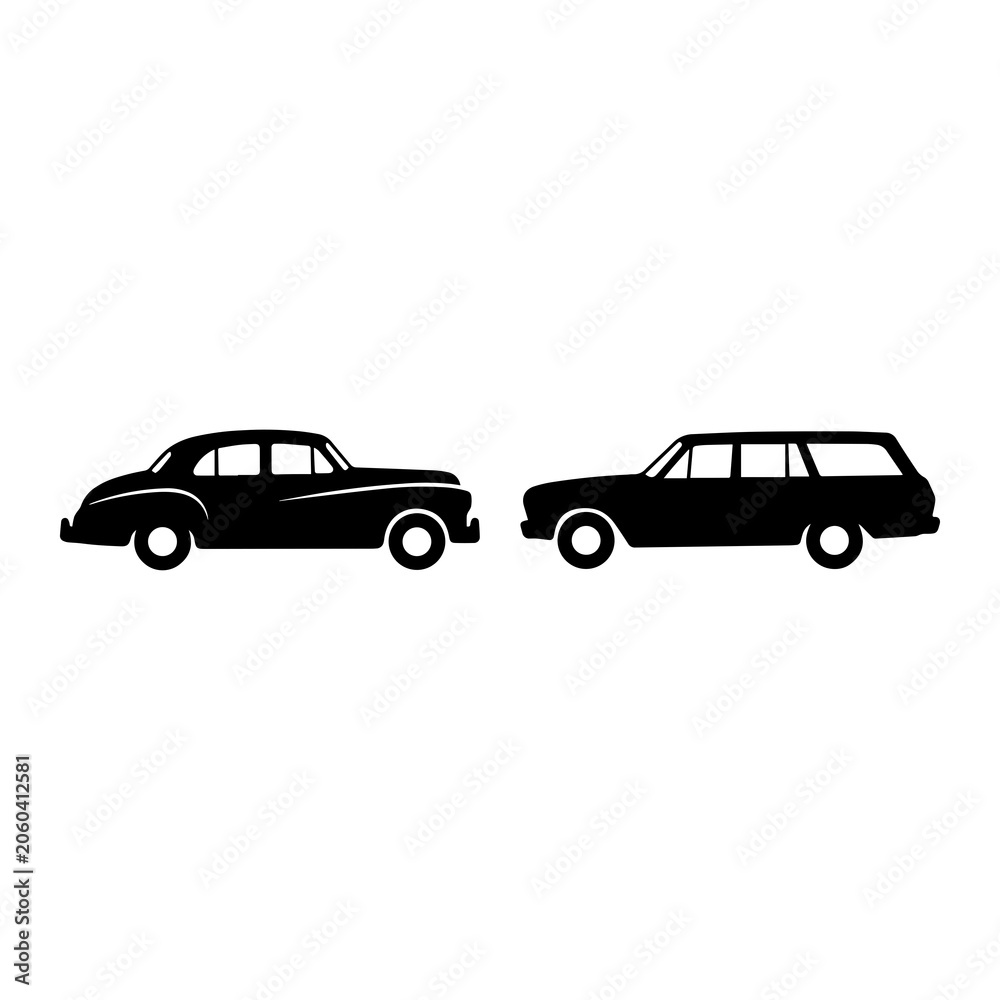 Fototapeta premium Classic car and station wagon side view silhouette icons with automobile