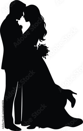 Romantic Couple Silhouette Vector Illustration, Loving Man and Woman Embrace Black Shadow Isolated on White Background