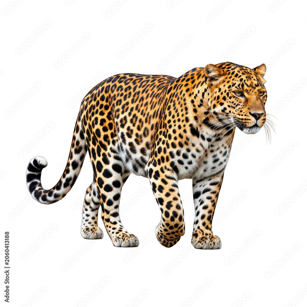 Obraz premium Leopard walking in natural pose isolated on transparent background png