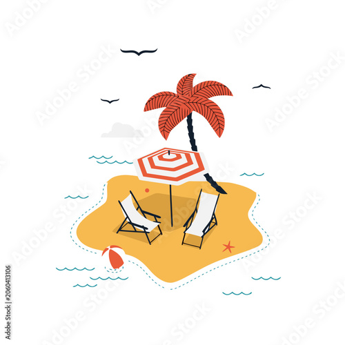 Tropical Beach Palm Tree Umbrella Chairs
