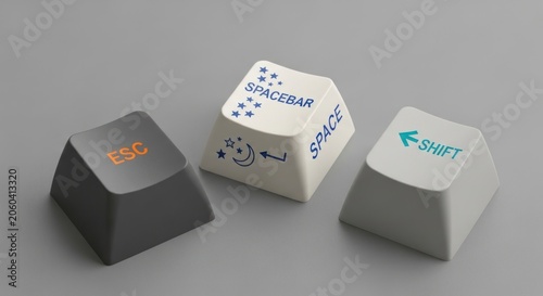 Custom mechanical keyboard keycaps featuring spacebar escape and shift keys in a minimalist setup