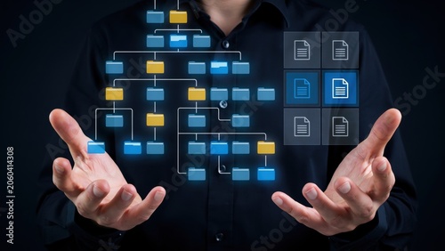 Businessman interacting with digital file folder structure and data organization