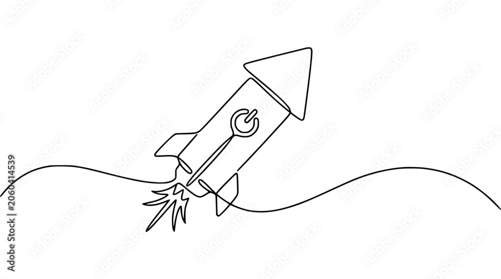 Obraz premium Continuous Line Drawing of a Rocket with Power Button Symbol Launching