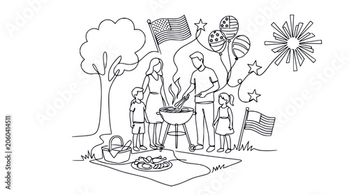 Family Barbecue Picnic Celebration Independence Day Summer Outdoor Fun Line Art