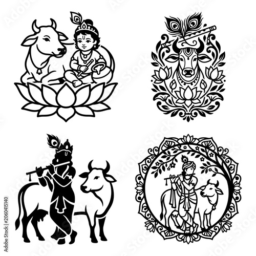 Fotografi Krishna cow lotus devotional vector set