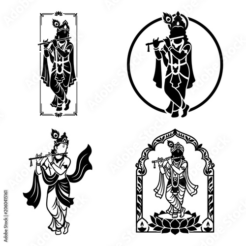 Billede på lærred Krishna devotional silhouette frame vector collection