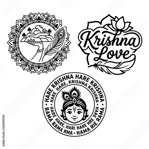 Quadro su tela Krishna love mantra devotional badge vector set