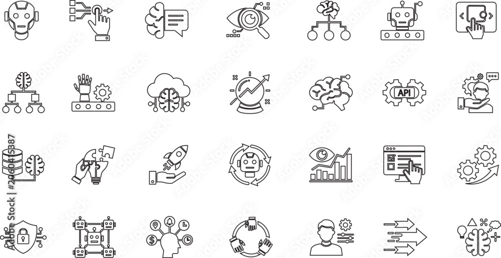 Fototapeta premium Artificial intelligence and machine learning outline vector icon set