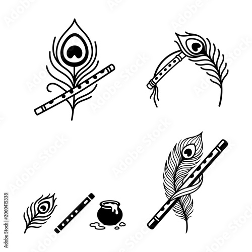 Billede på lærred Peacock feather flute devotional icon vector set