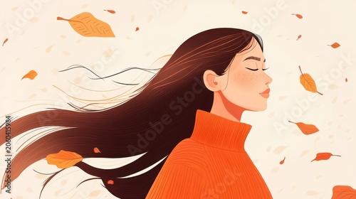 Woman with long hair in orange sweater with autumn leaves
