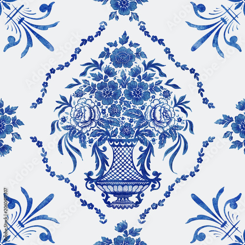 Cuadro en lienzo Blue Delft Floral Vase Seamless Pattern with Watercolor Tile Ornament on White B