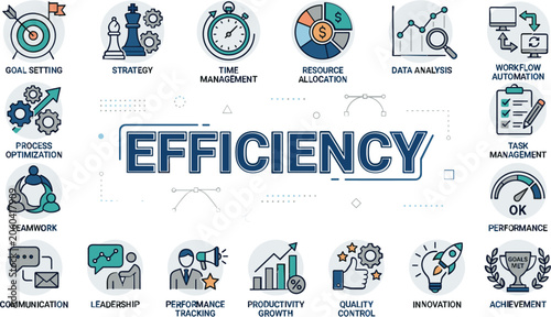 Business Efficiency and Productivity Icon Set Featuring Circular Vector Concepts for Goal Setting, Strategy, Time Management, Data Analysis, and Corporate Performance Growth