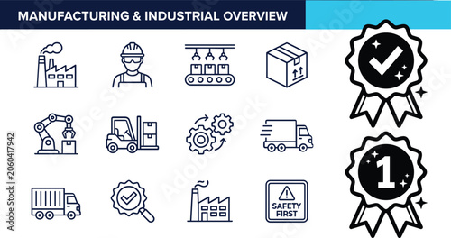 Manufacturing and Industrial Overview Icon Set Featuring Line Vector Symbols for Factory Production Logistics Quality Assurance Safety and Supply Chain Management