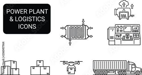 Power Plant and Logistics Icon Set Featuring Line Vector Symbols for Industrial Machinery Control Panels Energy Generation Freight Cargo Trucks and Drone Delivery