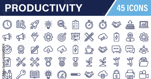 Productivity and Time Management Icon Set Featuring 45 Line Vector Symbols for Business Workflow Efficiency, Teamwork, Strategy, Data Analysis, and Corporate Development Projects
