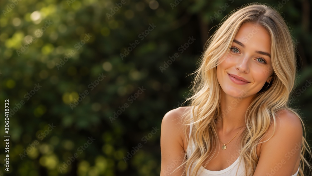 Naklejka premium Close up portrait of a smiling blonde woman outdoors. Happy young female with long wavy hair in a white tank top. Natural light lifestyle photography