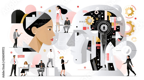 Abstract illustration exploring artificial intelligence and human collaboration in modern workplace through geometric design and futuristic technology concepts