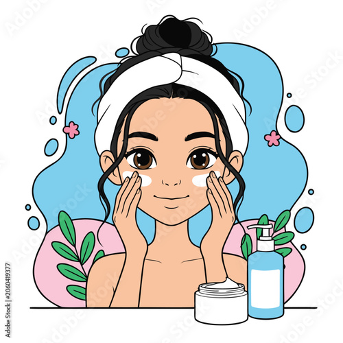 Woman Applying Face Cream With Skincare Products