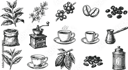 A collection of hand-drawn coffee and tea elements in an engraving style with a clean white background for versatile design use