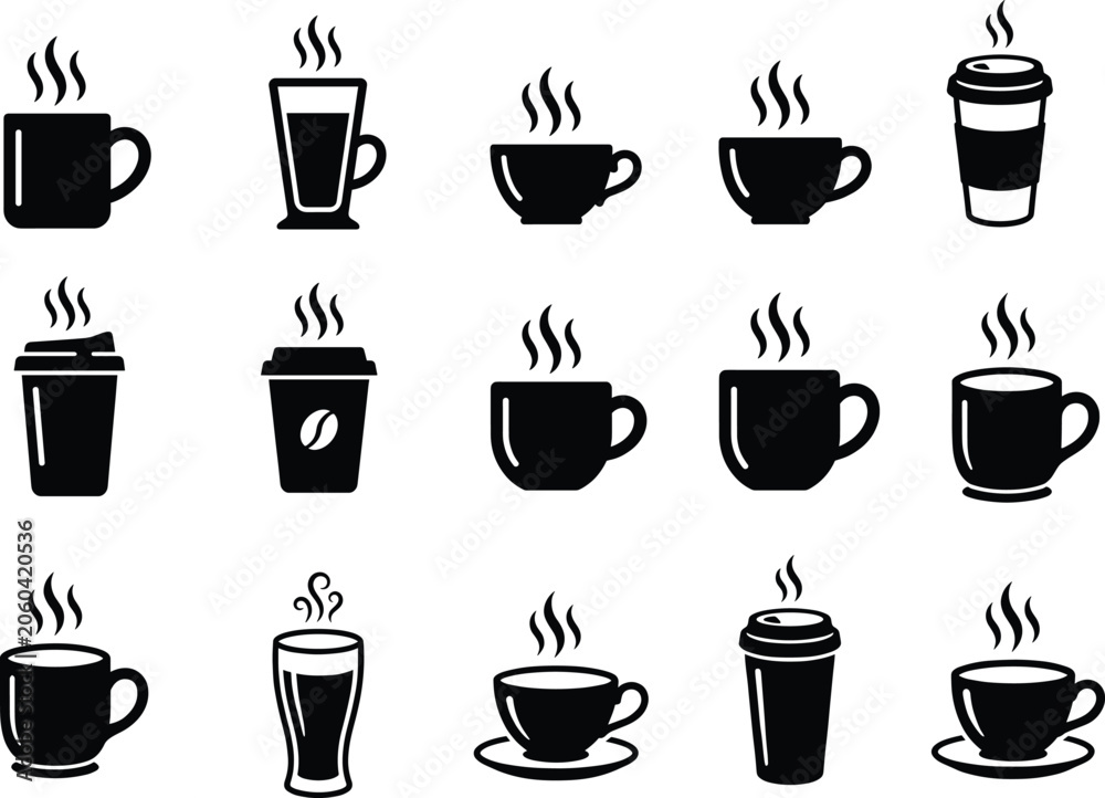 Obraz premium Set of various black coffee cup icons, hot beverage silhouettes for cafe menu design,