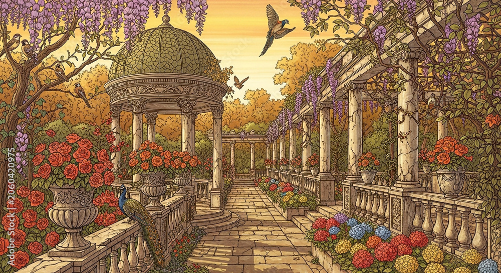 Obraz premium Ornate classical garden terrace with marble gazebo, blooming wisteria, roses, and peacocks at sunset.