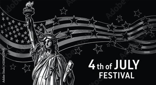 4th of July Festival Celebration Banner with Statue of Liberty, American Flag Stars and Patriotic Independence Day Background Illustration