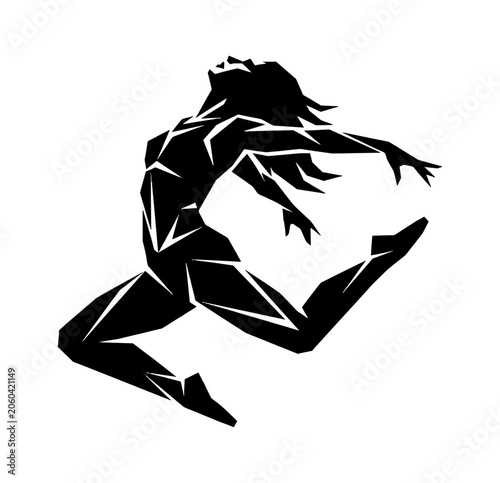 Black silhouette of a young woman jumping and dancing with energy showing a dynamic pose in a creative graphic style for sports fitness or artistic design