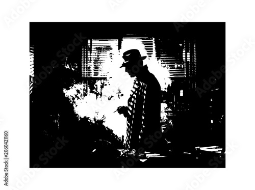 A mysterious man wearing a hat and coat standing in a dark room with smoke in a high contrast black and white grainy film noir style photograph for horror