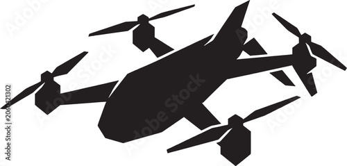 Black silhouette icon of a modern drone quadcopter flying in the air representing remote controlled aerial vehicle technology for surveillance and photography
