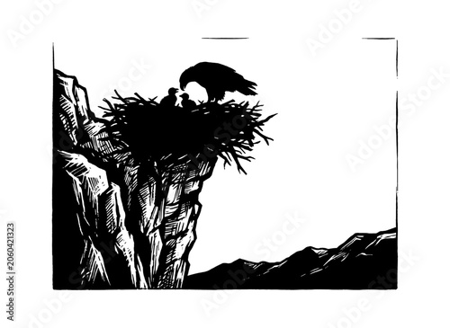 Black and white ink drawing of a large eagle bird sitting in a nest located on the steep edge of a high mountain cliff overlooking a rocky landscape